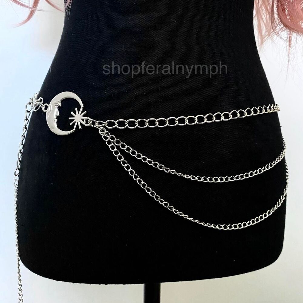 Silver Y2K Celestial Moon Sun Layered Chain Belt, Fits 16-40 Inches, X7GA1274